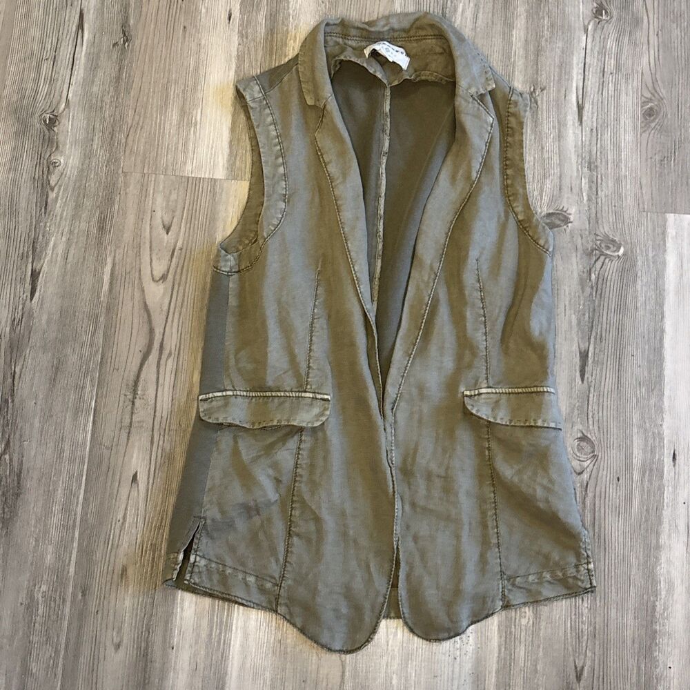 Marrakech By Anthropologie Womens Army Green Open Collared Linen Vest XSmall